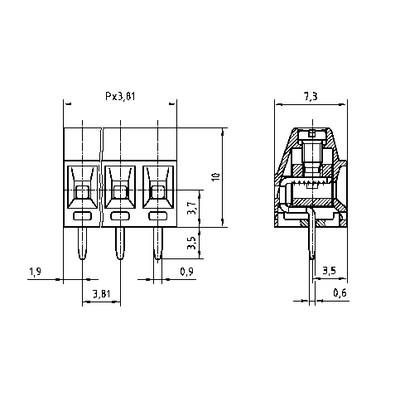 Technische Zeichnung eines dreipoligen Steckers mit Maßen: Breite 10 mm, Höhe 7,3 mm. Schnittansicht zeigt interne Struktur.