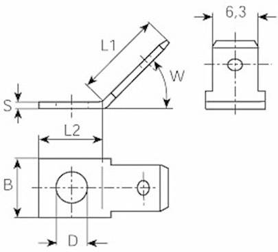 Technische Zeichnung eines Metallwinkels mit Längen- und Breitenangaben. Zeigt Maße L1, L2, B, D, S, W und 6,3.