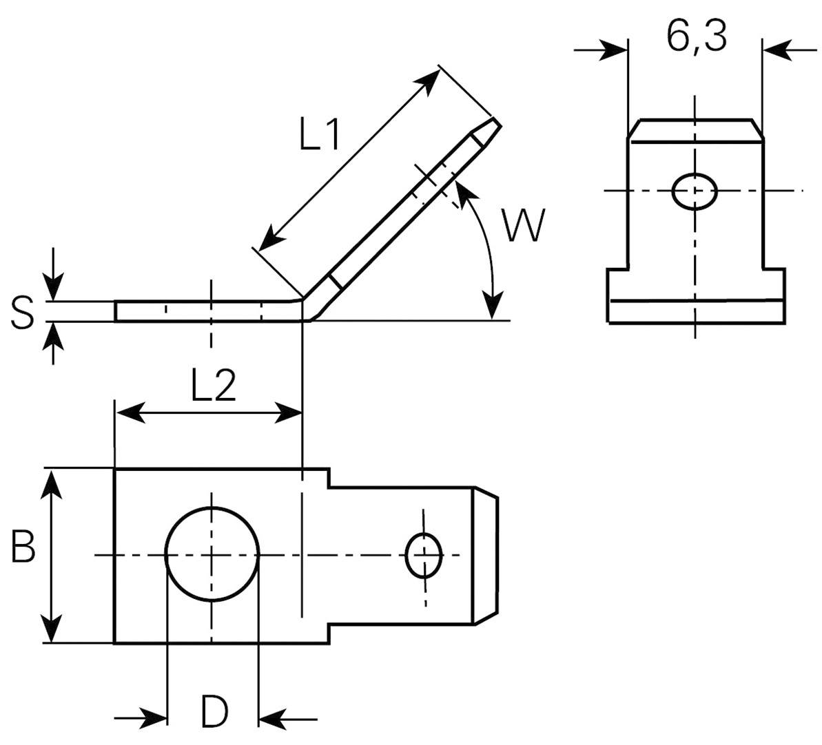 Technische Zeichnung eines Bauteils mit Winkel, Längen und Durchmesserangaben. Sichtbar sind Maße wie L1, L2, S, B, D und Winkelform W.