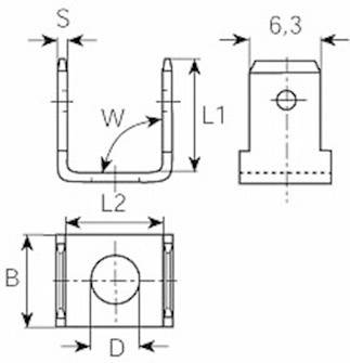 Technische Zeichnung eines U-förmigen Metallteils mit Bemaßungen: 'S', 'W', 'L1', 'L2', 'B', 'D'. Draufsicht, Frontansicht und Seitenansicht.