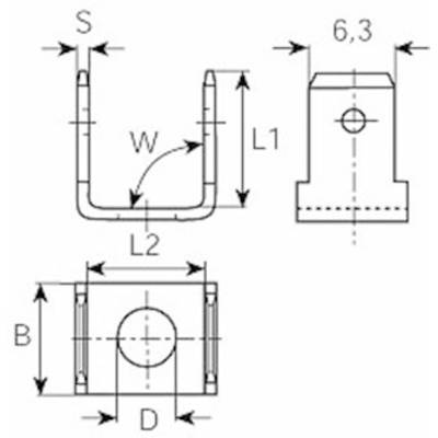 Technische Zeichnung eines U-förmigen Metallteils mit Bemaßungen: 'S', 'W', 'L1', 'L2', 'B', 'D'. Draufsicht, Frontansicht und Seitenansicht.