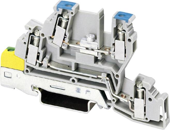 Klemmenblock aus grauem Kunststoff mit Schraubverbindungen und Metallklemmen, verwendet für elektrische Verbindungen in Schaltschränken.