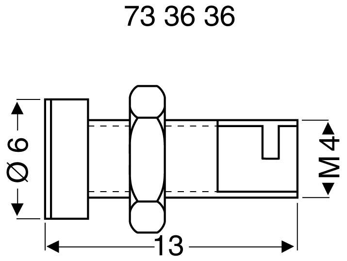 Technische Zeichnung einer Schraube mit den Maßen: Durchmesser 6 mm, Länge 13 mm, Gewinde M4. Oben steht die Nummer '73 36 36'.