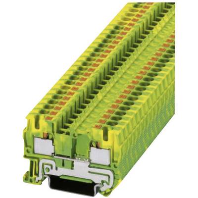 Gelb-grüner Reihenklemmenblock mit mehreren Einsteckplätzen für Drähte, an Metallhalterung montiert, für elektrische Verbindungen.