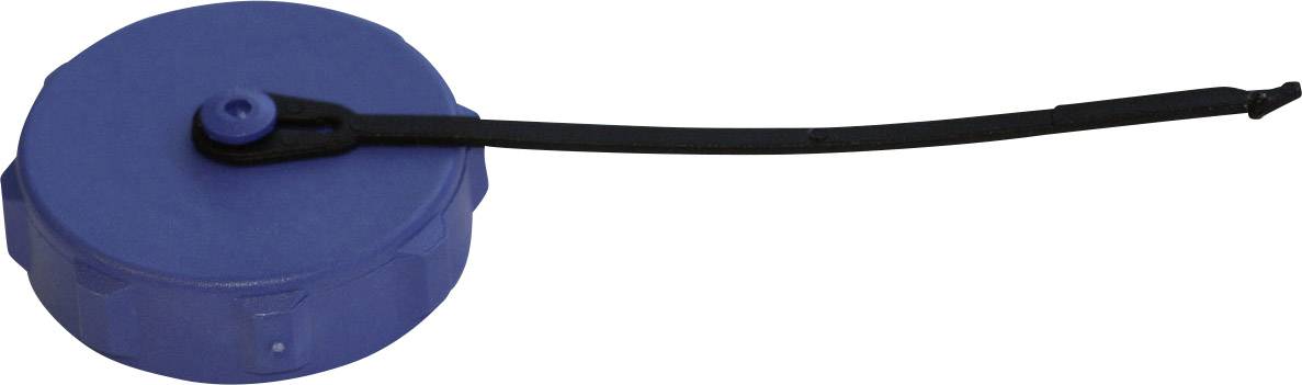 Blauer runder Deckel mit einem schwarzen Band befestigt, möglicherweise für einen Behälter vorgesehen.