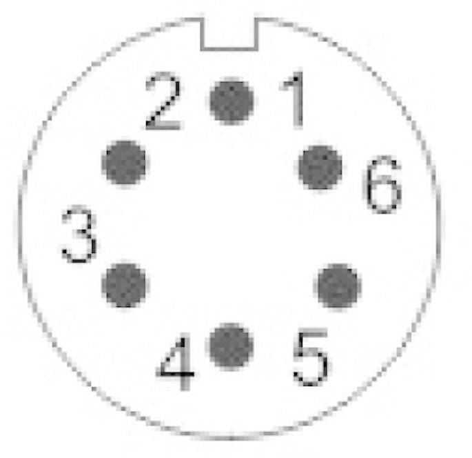 'Treiberanschlussbelegung' zeigt eine runde 6-polige Steckverbindung, nummeriert 1 bis 6 im Uhrzeigersinn, zur Kabelverbindung.