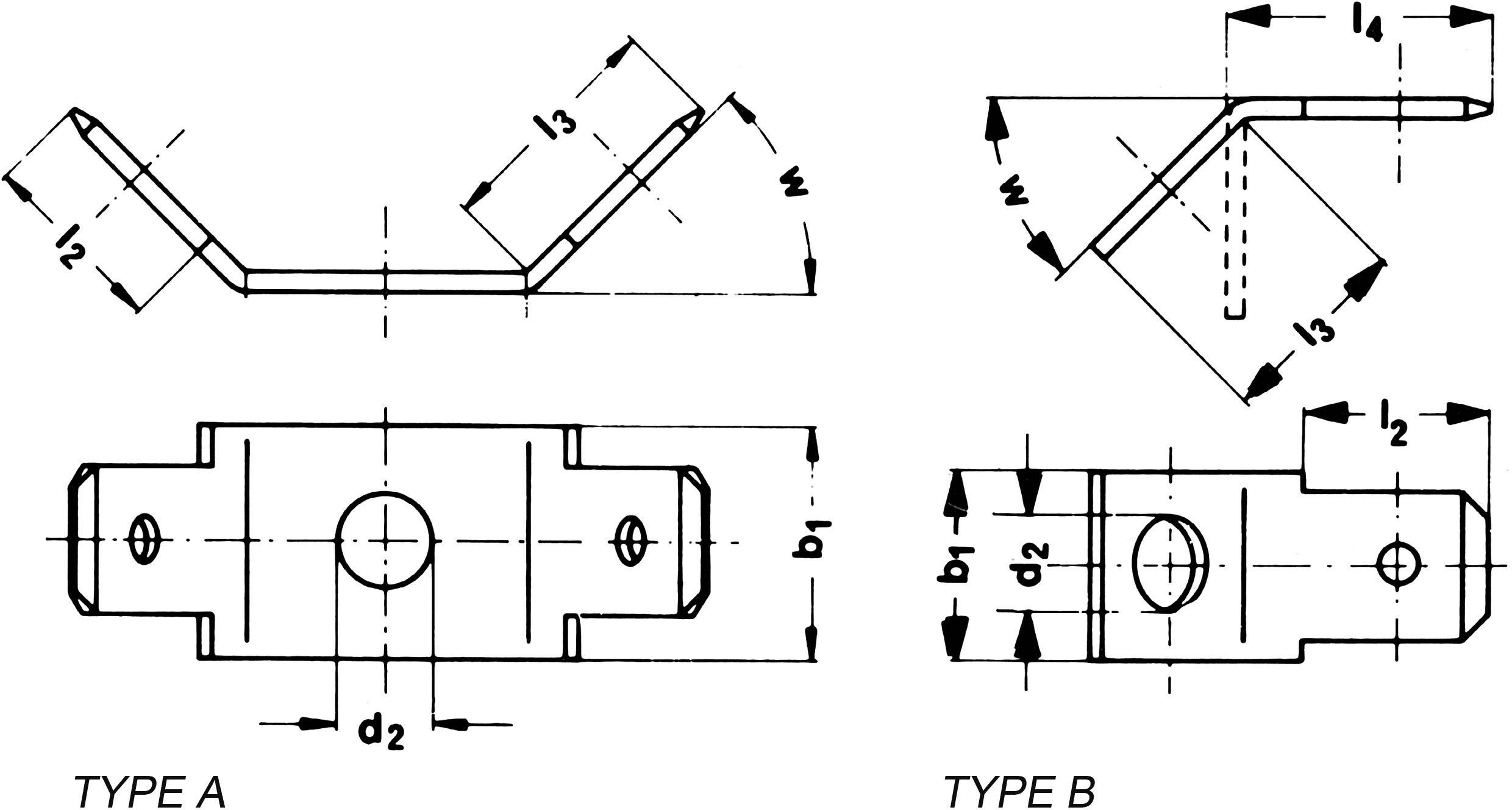 Zwei technische Zeichnungen zeigen Typ A und Typ B eines Metallteils mit Maßen l2, l3, b1, d1, d2, w. Typ A hat eine gebogene Form, Typ B eine L-Form.