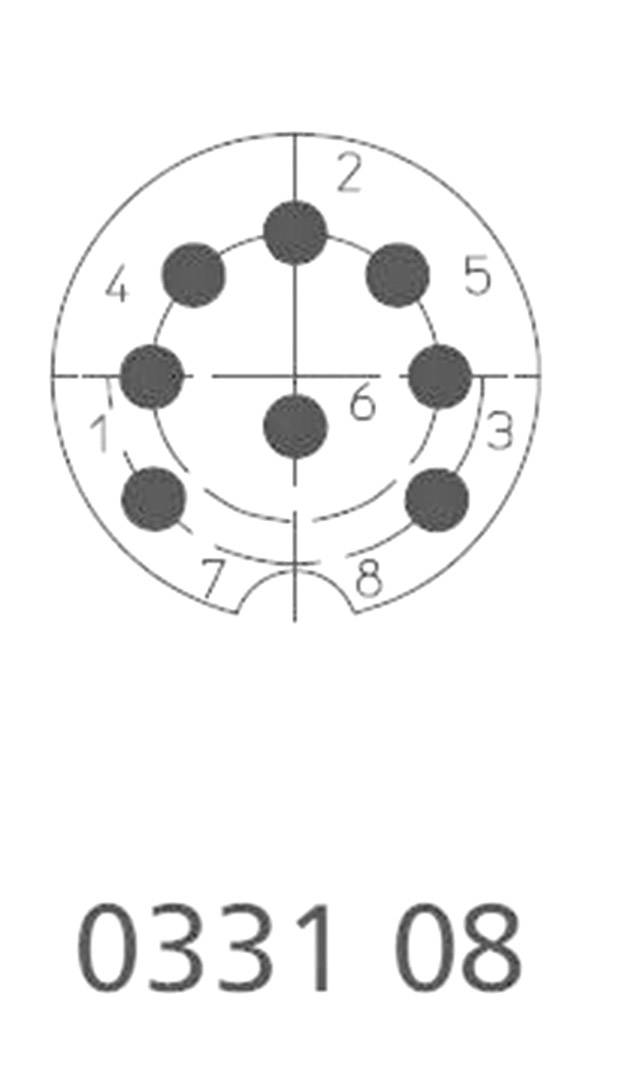 Abbildung eines 8-poligen Steckverbinders, nummeriert von 1 bis 8 in einem kreisförmigen Muster. Texthinweis: '0331 08'.