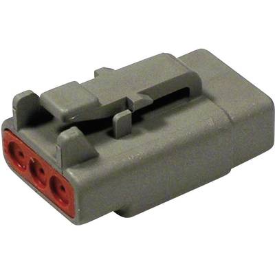 Ein grauer elektrischer Stecker mit drei roten Anschlussöffnungen, seitlich gezeigt. Geeignet für industrielle Anwendungen.