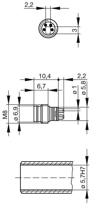 Technische Zeichnung eines Steckverbinders mit Maßen: Durchmesser oben 2,2 mm, Länge 10,4 mm, Gewinde M8, Bohrung 5, H7.