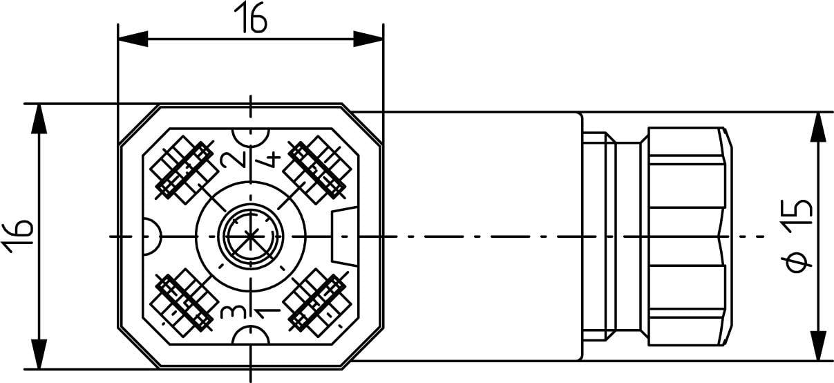 Technische Zeichnung eines elektrischen Steckverbinders mit acht Kontakten. Maße: 16x16 mm, Durchmesser 15 mm. Draufsicht und Seitenansicht.