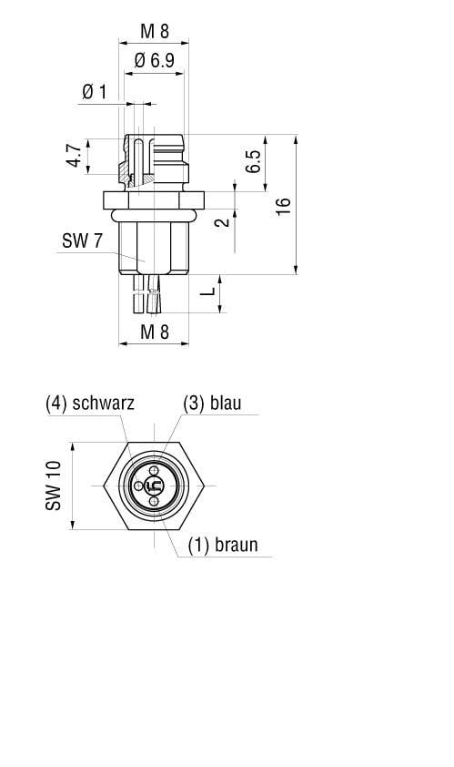 Technische Zeichnung eines Steckverbinders mit Abmessungen und Drahtfarbcodes: schwarz (4), blau (3), braun (1).