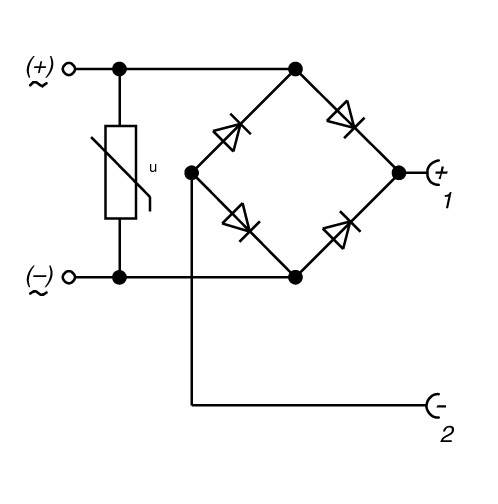 Schaltskizze eines Brückengleichrichters mit vier Dioden. Zuleitungen oben links; Ausgang an '1' und '2' rechts. Spannung 'u' gekennzeichnet.