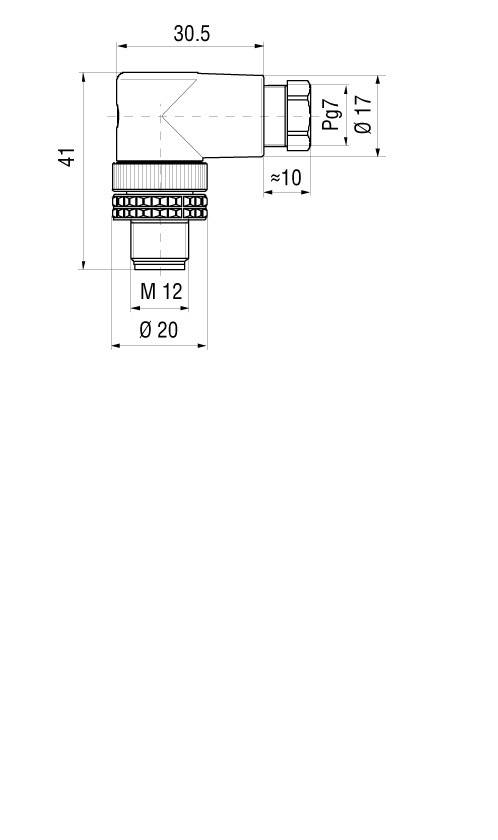 Technische Zeichnung eines Winkelsteckverbinders mit Maßen: Länge 30,5 mm, Höhe 41 mm, Durchmesser 20 mm, Gewinde M12.