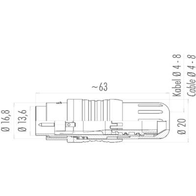 Querschnitt eines Steckers auf technischem Zeichnungsblatt, mit Maßen: Länge ca. 63 mm, Kabeldurchmesser 4-8 mm, Steckerbreite 20 mm.