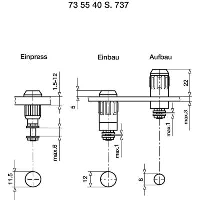 Diagramm zeigt drei mechanische Baugruppen: 'Einpress', 'Einbau' und 'Aufbau', mit detaillierten Maßangaben in Millimetern.