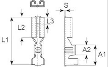 Technische Zeichnung eines Steckverbinders mit Maßen L1, L2, L3, S, A1, A2. Seitenansicht und Vorderansicht dargestellt.