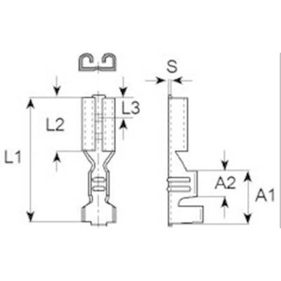 Technische Zeichnung eines Steckverbinders mit Maßen L1, L2, L3, S, A1, A2. Seitenansicht und Vorderansicht dargestellt.