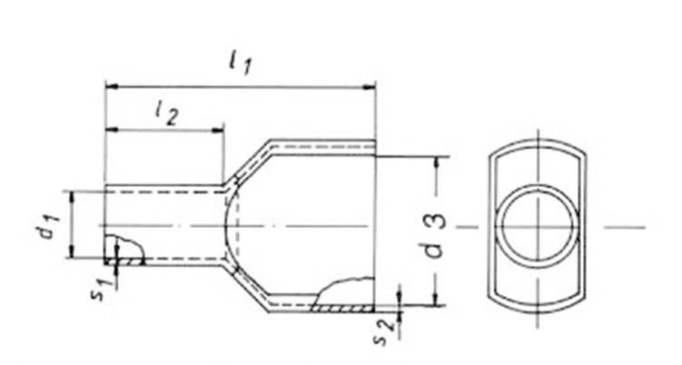 Technische Zeichnung zeigt eine Maschinenkomponente. Beinhaltet Maße: l1, l2, d1, d3 und Wandstärken s1, s2. Seiten- und Oberansicht.