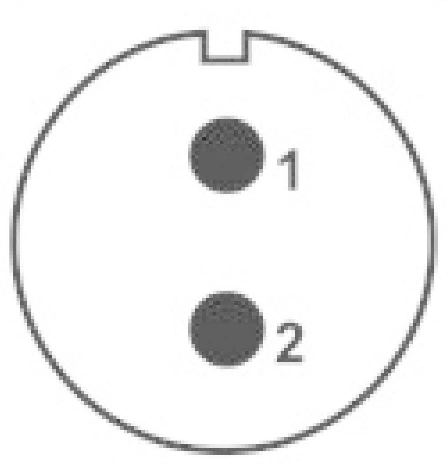 Elektrischer Anschluss mit zwei nummerierten Steckplätzen, '1' oben und '2' unten, zur Kennzeichnung von Kabelverbindungen.