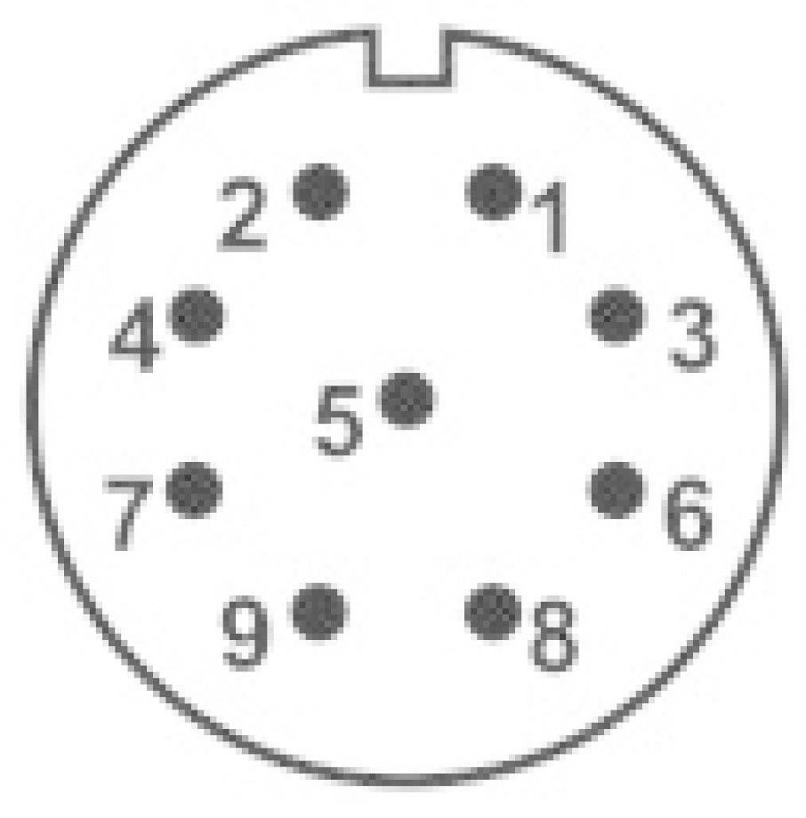 Illustration eines elektrischen Anschlussdiagramms mit neun nummerierten Pins, die eine runde Anordnung aufweisen.