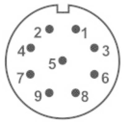 Illustration eines elektrischen Anschlussdiagramms mit neun nummerierten Pins, die eine runde Anordnung aufweisen.