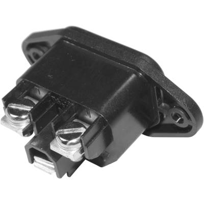 Schwarzer elektrischer Kfz-Stecker mit zwei Metallanschlüssen und Montagelöchern, typisch für Fahrzeugelektronikverbindungen.