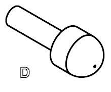 Diagramm eines zylindrischen Objekts mit kugelförmiger Spitze und einer kleinen Markierung. Bezeichnet mit 'D'.