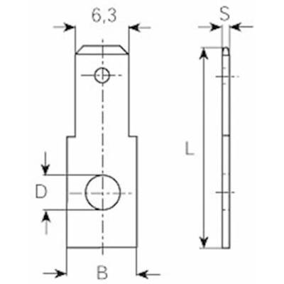 Technische Zeichnung eines Metallteils mit Abmessungen: Breite (B), Länge (L), Dicke (S) und Durchmesser (D). Maße 6,3 angegeben.