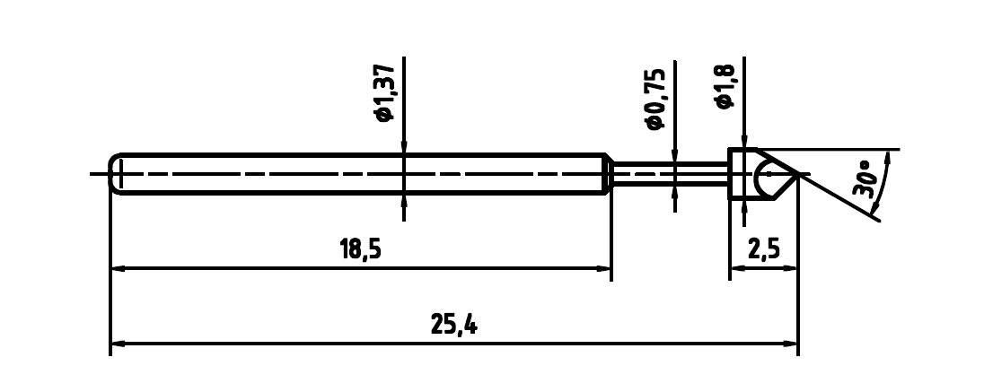 Technische Zeichnung eines zylindrischen Metallstifts mit Längen- und Durchmesserangaben. Gesamtmaße: 25,4 mm Länge, 1,37 mm und 0,75 mm Durchmesser. Spitze mit 30° Winkel.