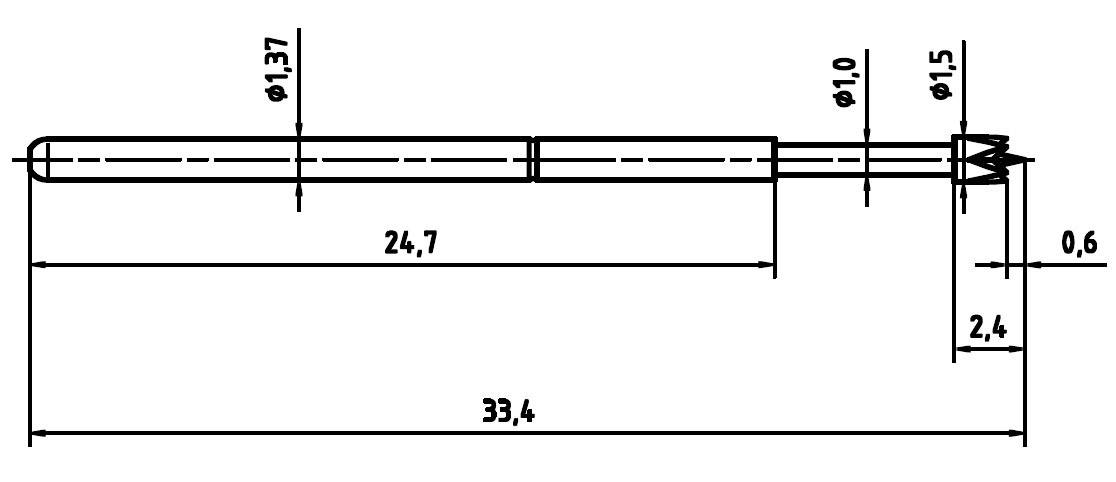 Technische Zeichnung eines Bauteils: Zylinderstift mit Längenangaben 33,4 mm, 24,7 mm. Durchmesser: 1,5 mm, 1,0 mm, 1,37 mm.