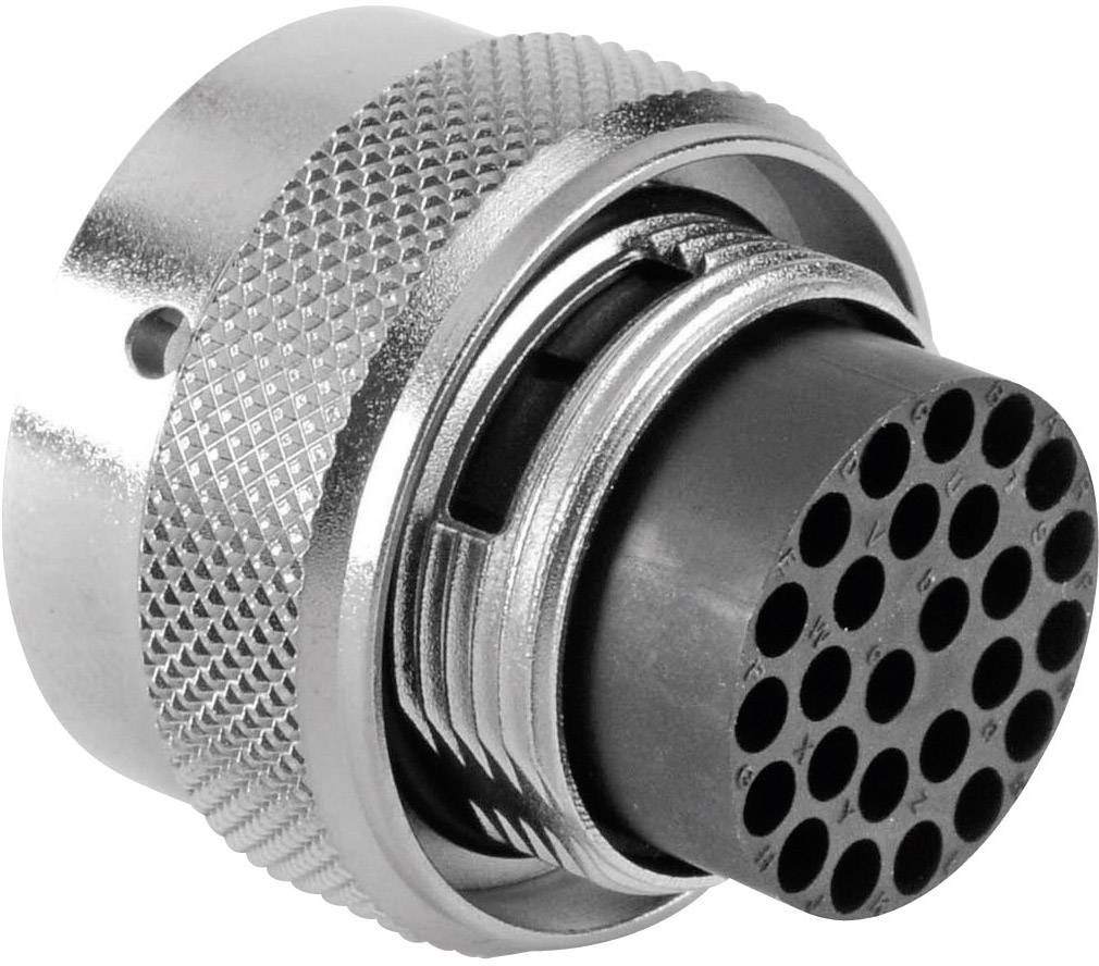 Stecker mit mehreren Pins, geeignet für elektrische Verbindungen in industriellen Anwendungen. Silberne Metallhülle mit Riffelung für besseren Halt.