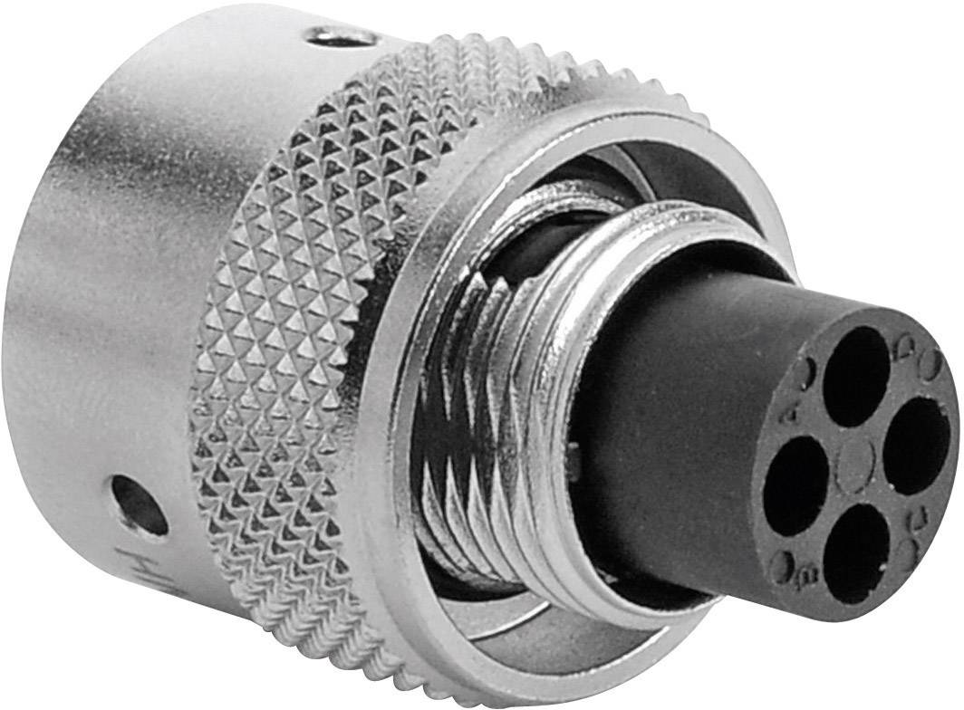 Ein metallischer Rundstecker mit gerändeltem Griff und fünfpoligem Anschluss, der Teil eines elektrischen oder elektronischen Systems sein könnte.