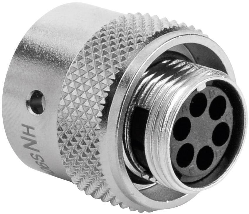 Ein silberner, zylindrischer Steckverbinder mit mehreren runden Steckplätzen zur elektrischen Verbindung.