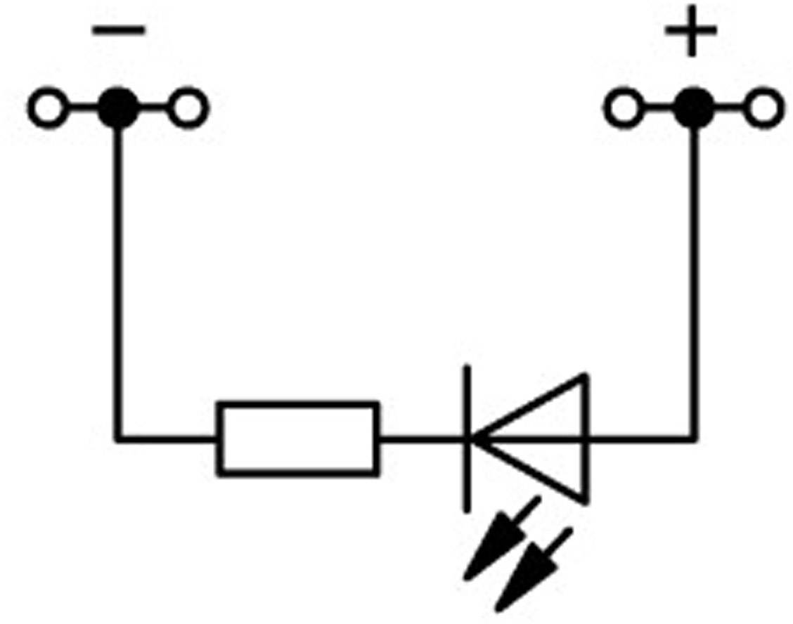 Elektronisches Schaltbild mit LED, Diode, Widerstand. Symbol zeigt positive und negative Anschlüsse, grundlegender Kreislauf.