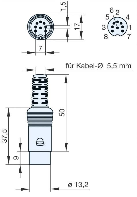 Technische Zeichnung eines Steckers mit Maßen: Gesamtlänge 50 mm, Kabeldurchmesser 5,5 mm, Pin-Konfiguration oben dargestellt.