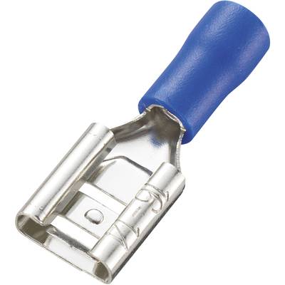 Ein blau isolierter Flachsteckhülsen-Stecker, Metallkontakt mit Kunststoffummantelung, zur elektrischen Verbindung verwendet.
