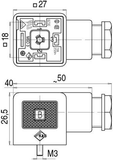 Technische Zeichnung eines elektrischen Steckers mit Abmessungen in Millimetern: 18x27, 40x26,5, Länge ~50. Markierte Positionen und Bohrung M3.