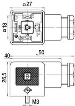 Technische Zeichnung eines Steckers mit Maßen: 27 mm Breite, 18 mm Höhe, 50 mm Tiefe. Details wie Anschluss und Schraubenposition.