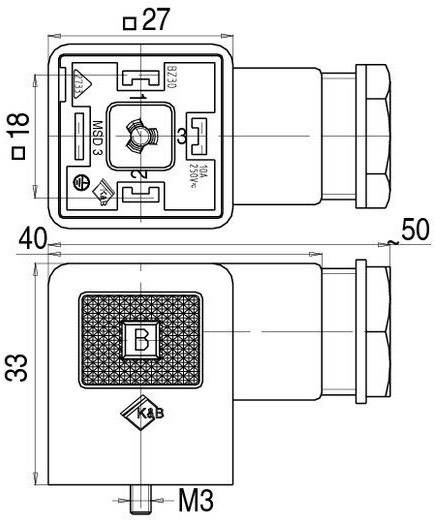 Technische Zeichnung eines elektrischen Steckers mit Abmessungen: 27 x 18 und 40 x 50 mm. Seitenansicht zeigt Klemmen und Bezeichnungen.