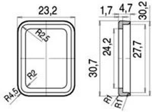 Technische Zeichnung eines rechteckigen Objekts mit abgerundeten Ecken. Maße: 23,2 x 30,7 x 4,7 mm. Detaillierte Bemaßungen.