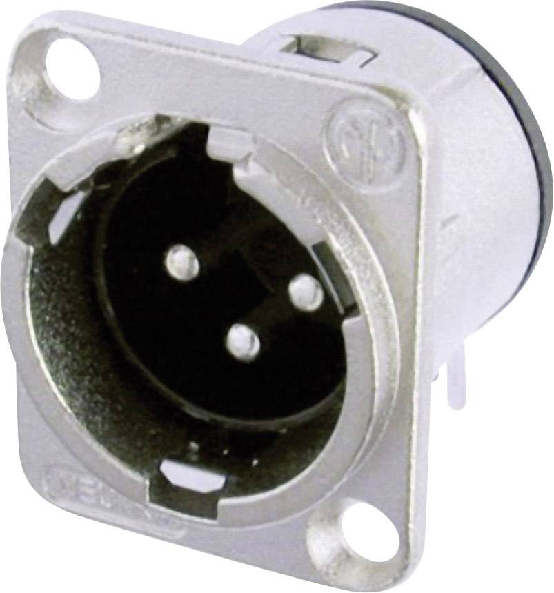 Ein silberner XLR-Stecker in Nahaufnahme. Der Stecker hat drei Pins und ist für Audioverbindungen geeignet.