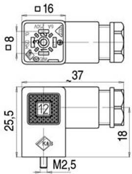 Technische Zeichnung eines elektrischen Steckverbinders mit Steckmaßen: 37 mm Länge, 16 mm Breite, 25,5 mm Höhe.