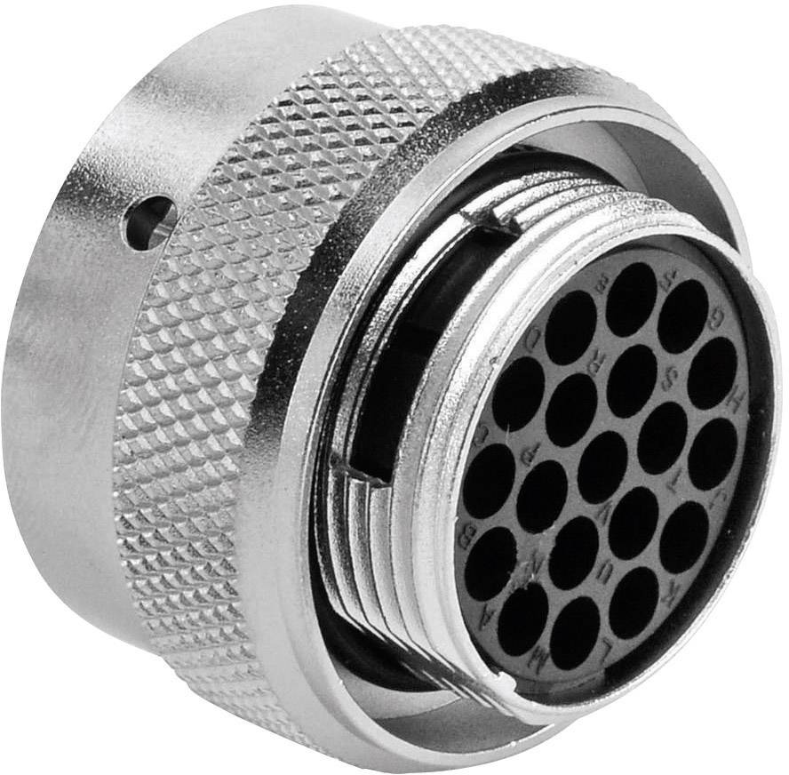 Ein runder, silberner Stecker für elektrische Verbindungen mit mehreren schwarzen Kontakten, die in einem kreisförmigen Muster angeordnet sind.