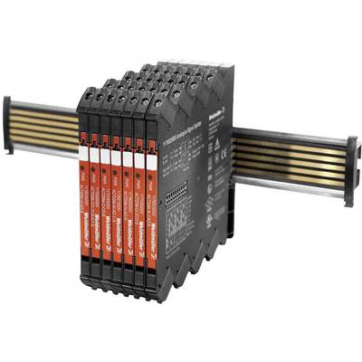 Mehrere elektronische Module auf einer Hutschiene montiert, wahrscheinlich für industrielle Automatisierung oder Steuerungen verwendet.