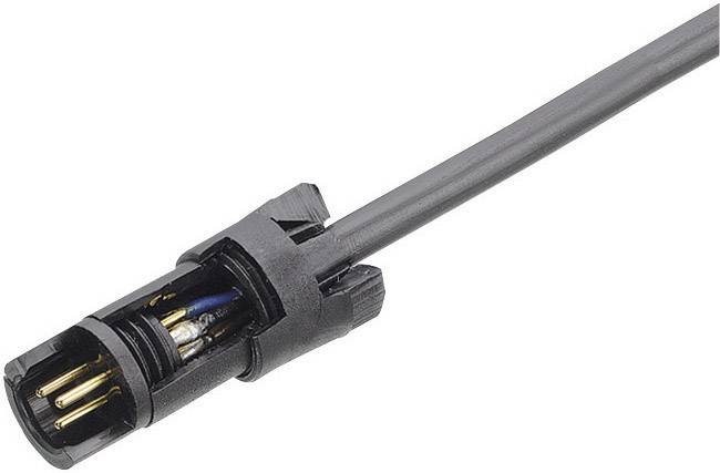 Ein schwarzer elektrischer Steckverbinder mit mehreren Metallstiften, verbunden mit einem schwarzen Kabel.