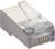 Ein RJ45-Stecker mit durchsichtiger Kunststoffabdeckung und goldfarbenen Kontaktstiften für Ethernet-Netzwerkverbindungen.