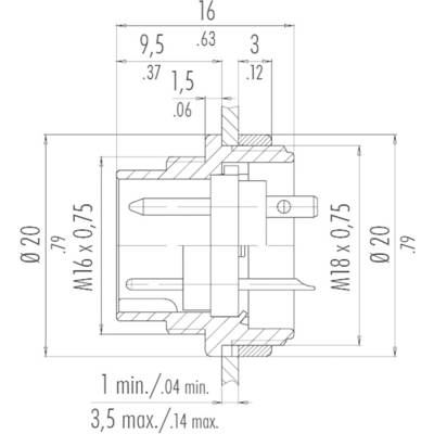 Technische Zeichnung eines Zylindergehäuses mit Maßen in Millimetern. Durchmesser: 20. Gewinde M16 x 0,75 und M18 x 0,75. Min. 1, max. 3,5.