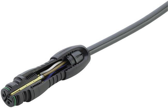Ein schwarzer elektrischer Kabelstecker mit einem offenen Bereich, der die inneren Drähte zeigt: blau, braun, grün-gelb.
