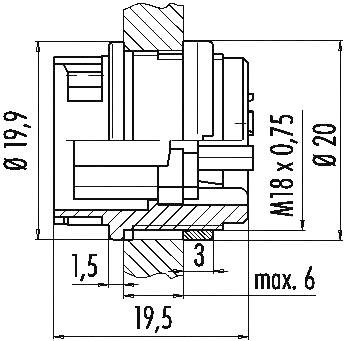 Technische Zeichnung eines Bauteils mit Bemaßungen: Durchmesser 19,9 mm, M18 x 0,75 Gewinde, Länge 19,5 mm, maximale Höhe 6 mm.